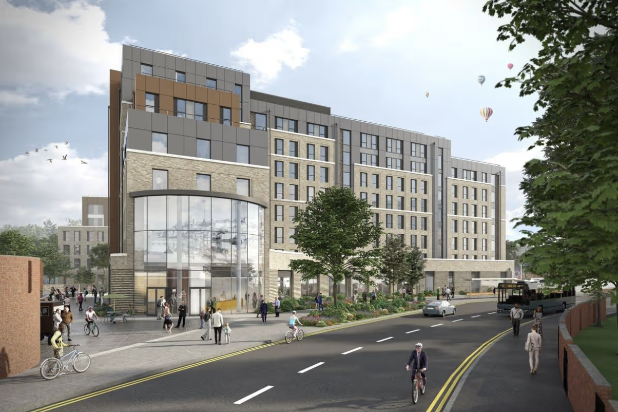 Architectural rendering of the Dalby Avenue development in Bedminster, Bristol, showing the stone and grey clad residential blocks with a glazed corner entrance