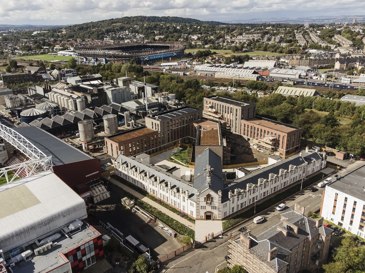 Aerial view of the Tynecastle Student development at McLeod Street, Edinburgh, under construction beside Tynecastle Park stadium