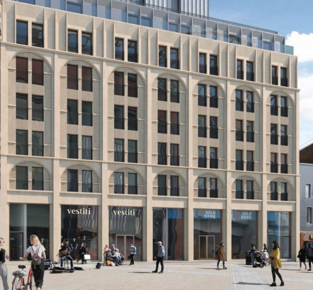 Architectural rendering of The Store House at 140–142 Briggate, Leeds, showing the arched stone façade with retail units at street level
