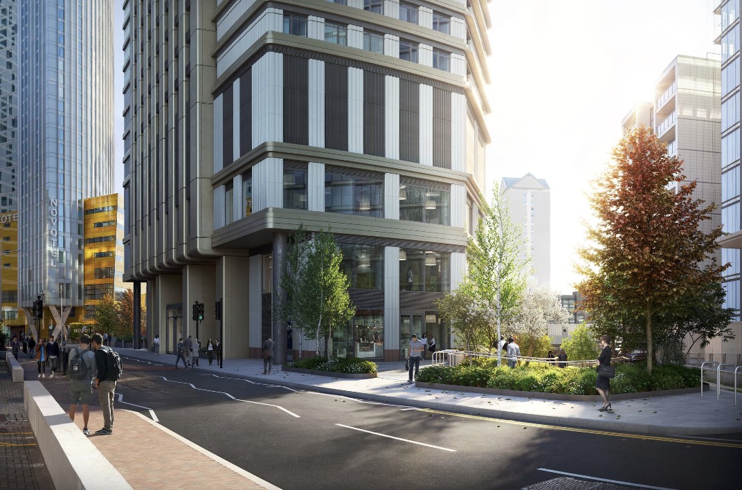 Architectural rendering of the 30 Marsh Wall development at street level, with planting, trees and pedestrians