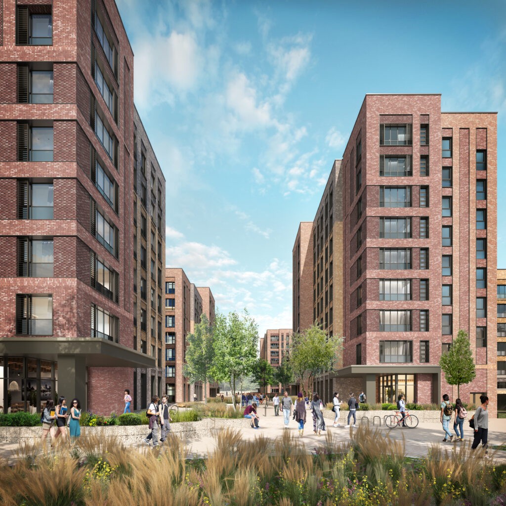 Architectural rendering of the new Castle Leazes student development in Newcastle, showing brick residential blocks and a landscaped pedestrian route