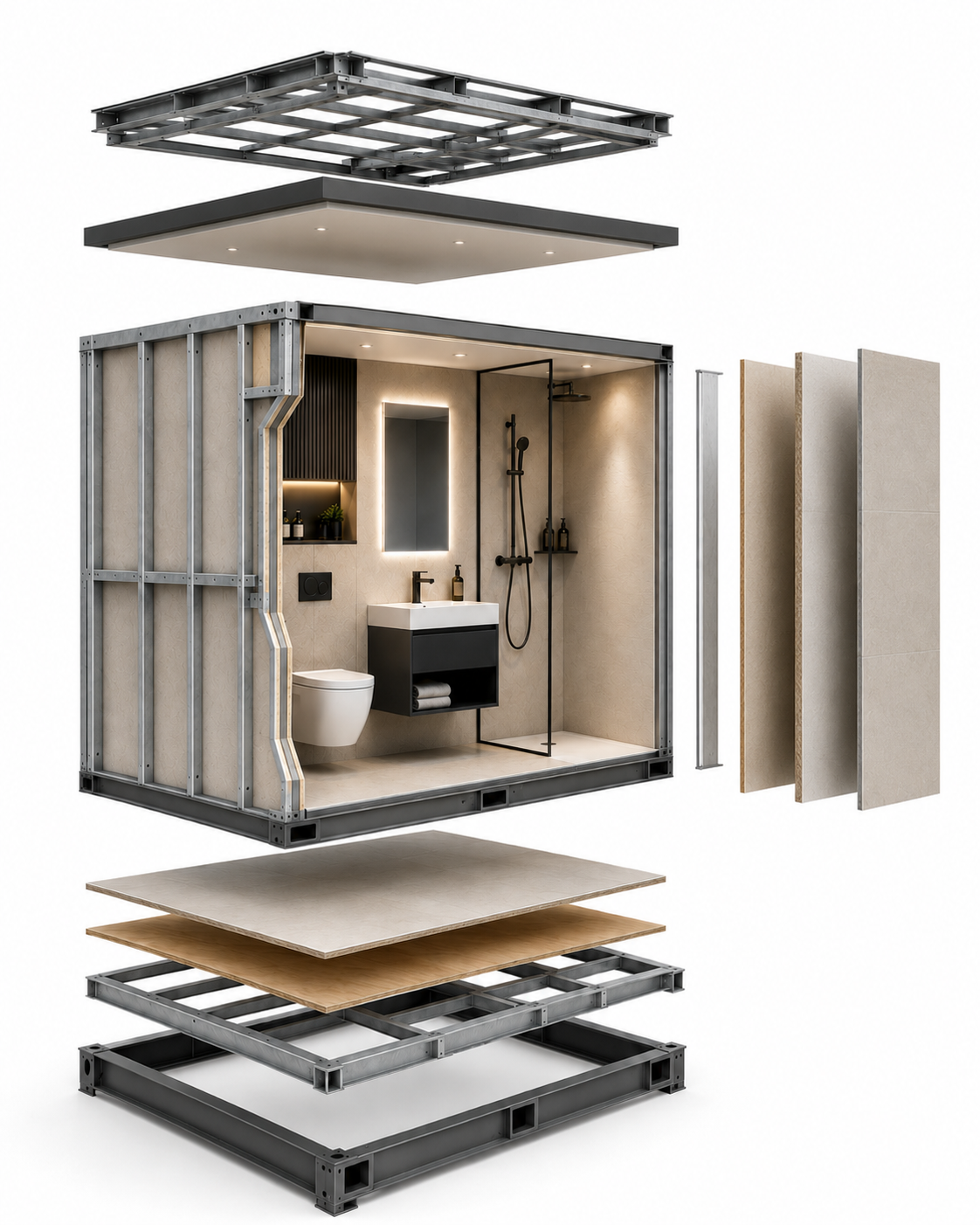 Exploded technical diagram of a Walker steel framed bathroom pod, showing the welded steel base, C-section frame, wall and floor build-up, tiled interior, ceiling grid and services