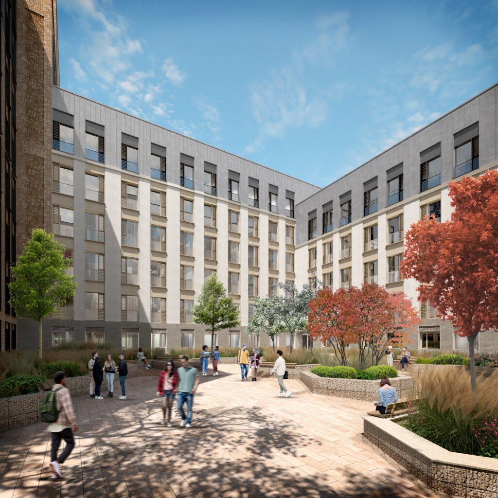 Architectural rendering of a landscaped courtyard within the Castle Leazes student accommodation redevelopment