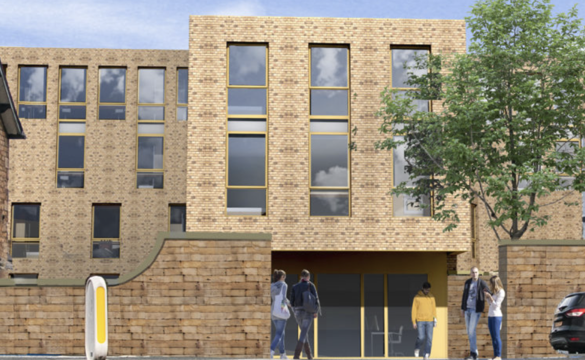 Architectural rendering of Unicorn Halls student accommodation at 378 North Road, Preston, showing the buff brick elevation and entrance