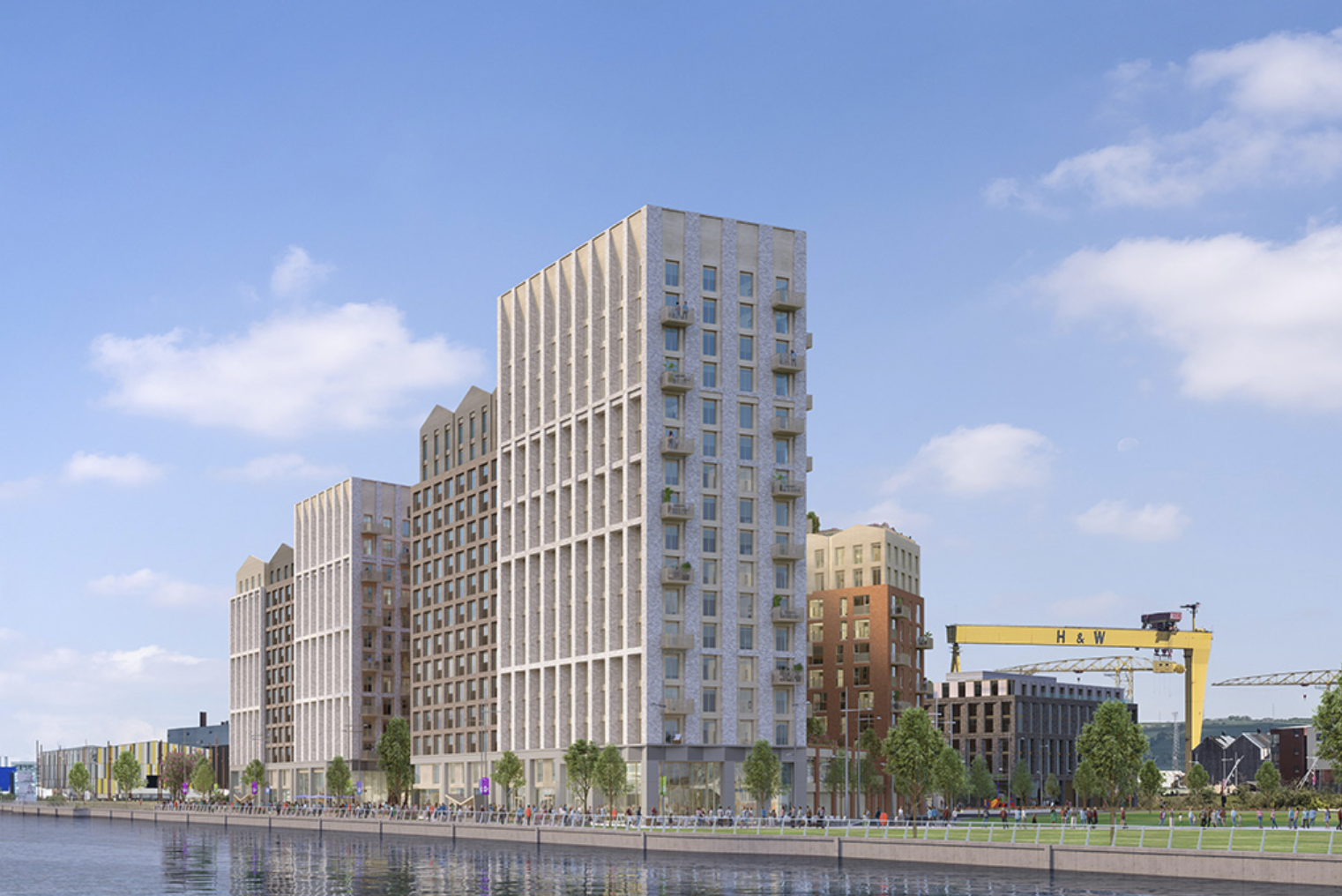 Architectural render of the Loft Lines development at Titanic Quarter, Belfast, seen across the water with the Harland & Wolff crane behind